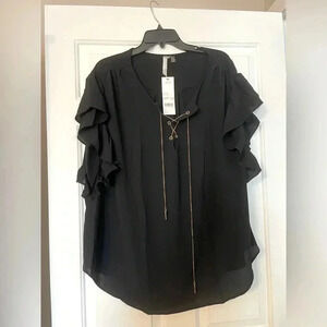 New York Collection Plus Size Lace-Up Flutter-Sleeve Top Black 2X NWT Chain Lace